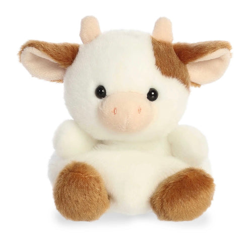 A plush toy cow with a white body, brown patches on its head, ears, and feet, and a light pink snout, photographed against a plain white background.