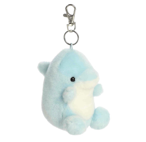 A light blue and white plush dolphin keychain with a silver metal clasp, shown against a plain white background.