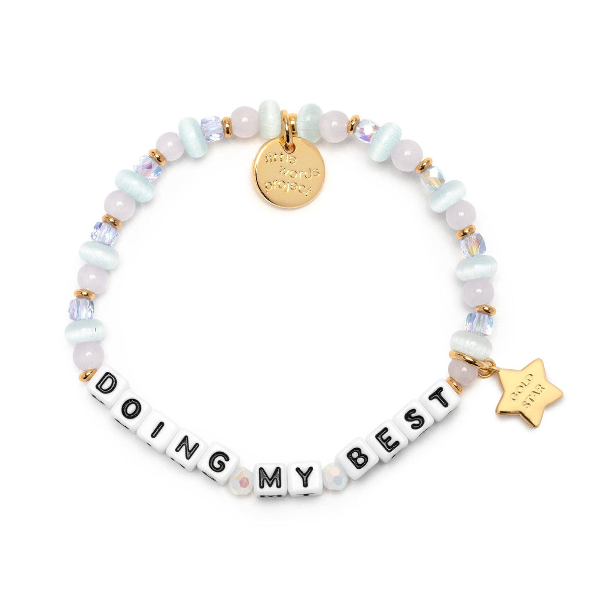 Bracelet with beads "DOING MY BEST" and  a gold star charm on a white background