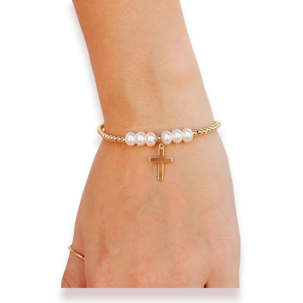 Cross + Pearl Gold Charm Beaded Blondes Bracelet: Standard 6.75 inch
