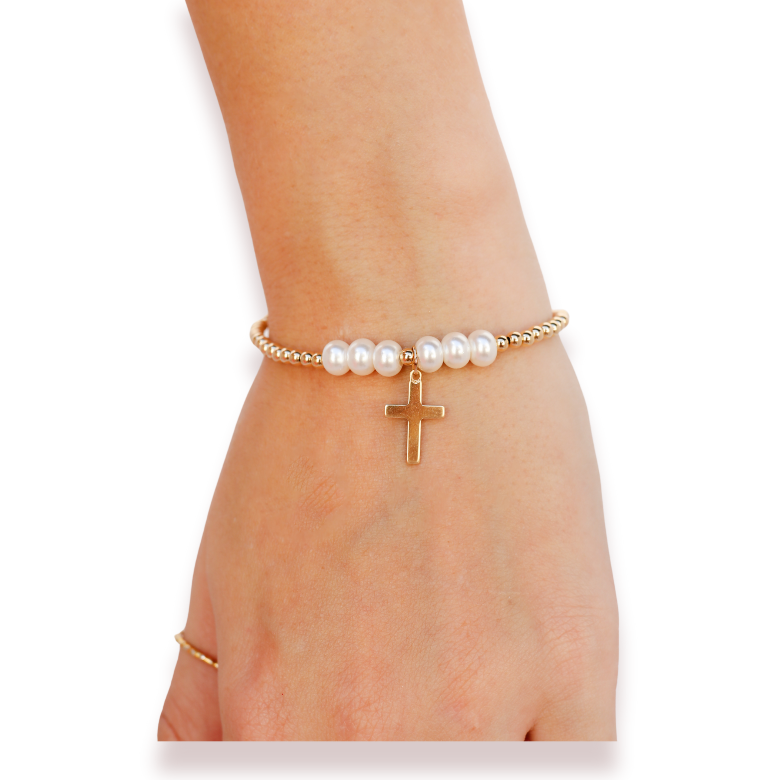Cross + Pearl Gold Charm Beaded Blondes Bracelet: Standard 6.75 inch
