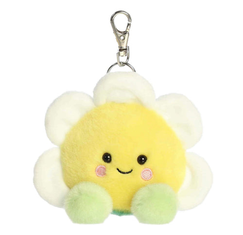 A cute plush daisy keychain charm with a yellow smiling face, white petals, pink cheeks, and light green feet, attached to a silver metal clasp on a plain white background.