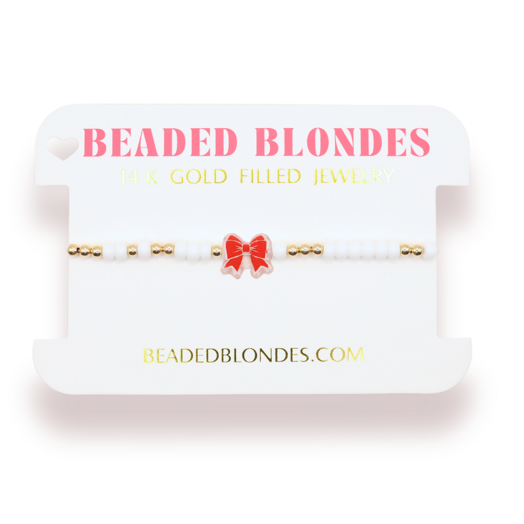Red and White Bow Bracelet: Standard 6.75 inch / Sprinkle | Beaded Blondes