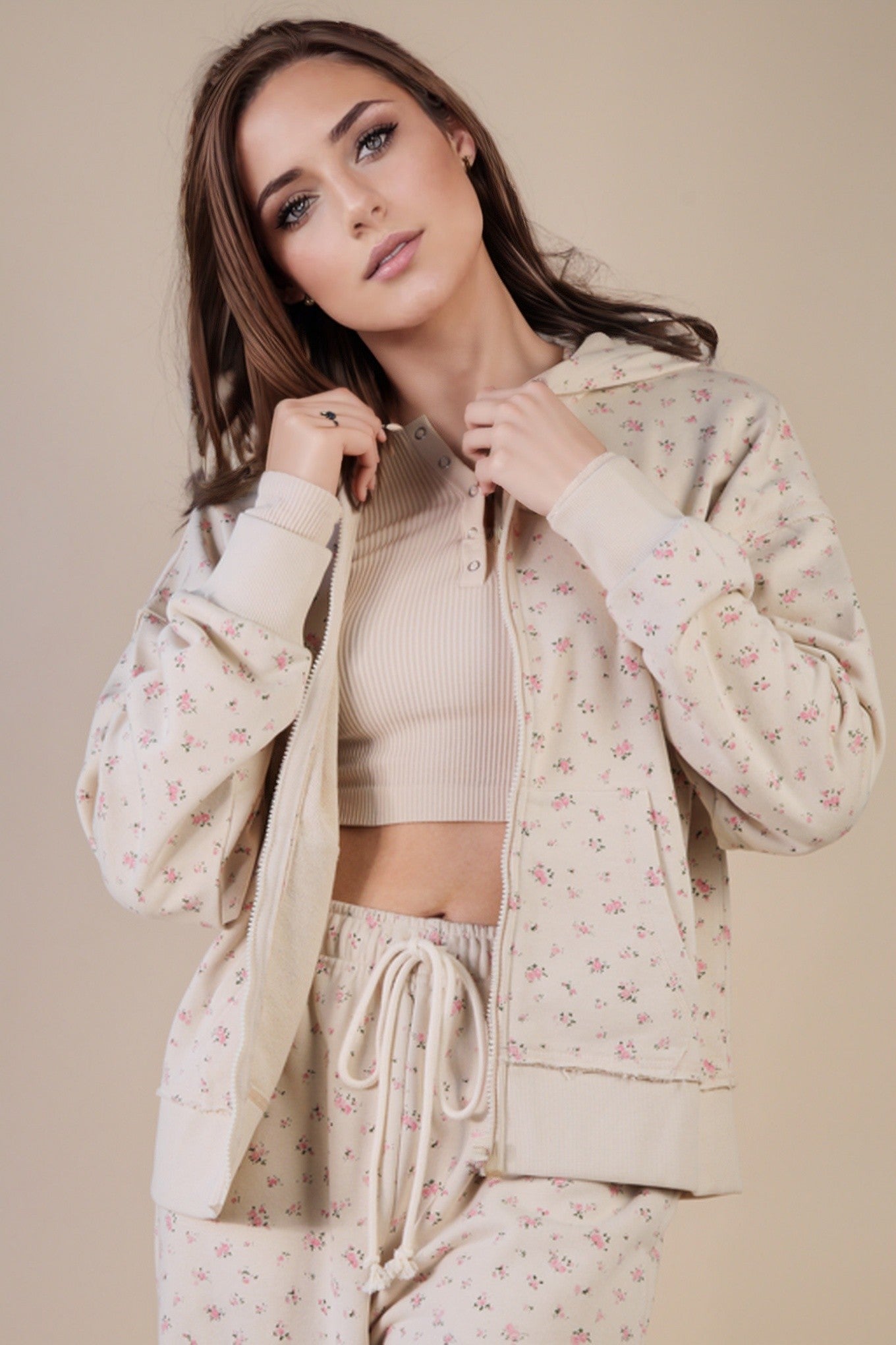 Cream Floral • Zip Up Hoodie/Jacket