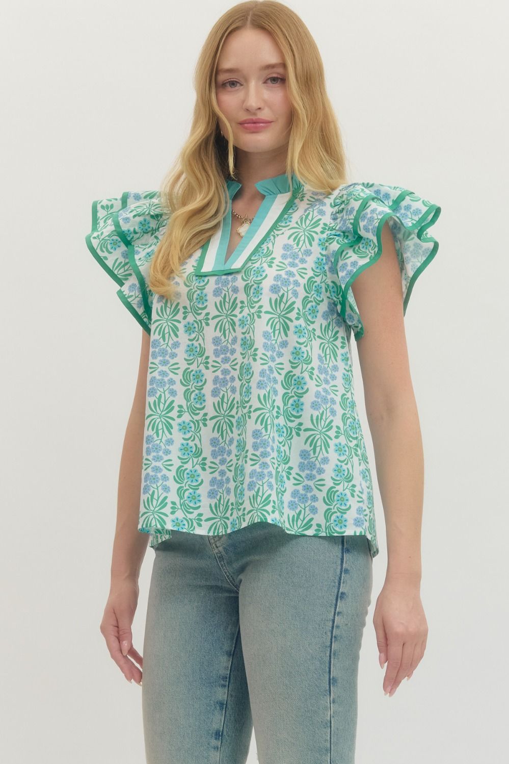 Blue Floral Flutter Sleeve Top