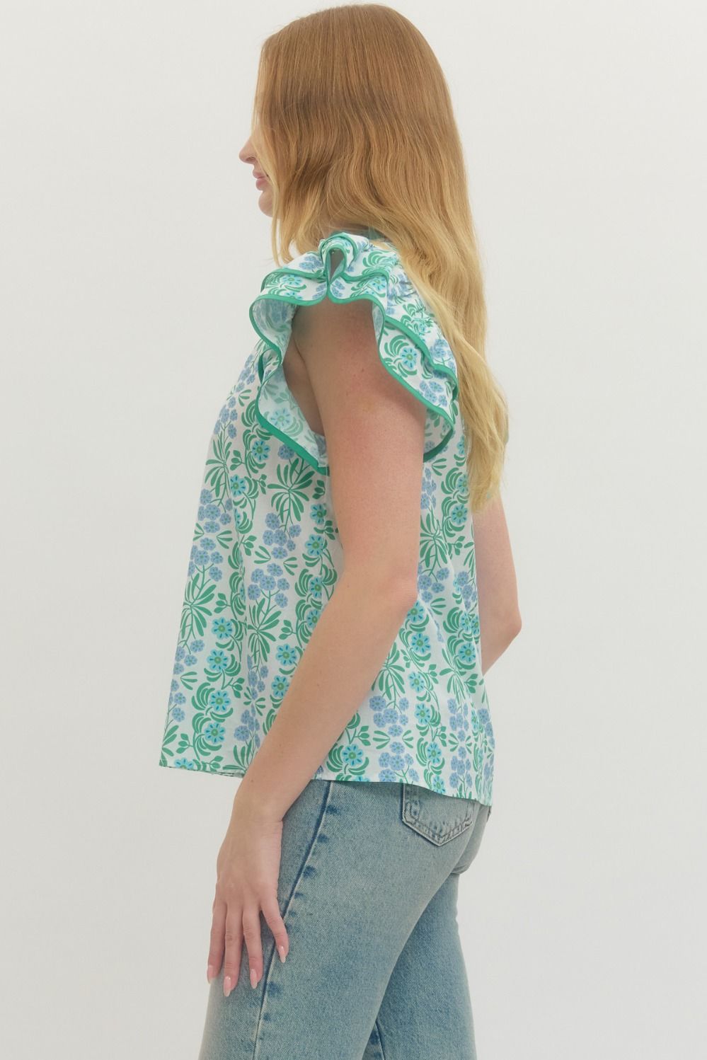 Blue Floral Flutter Sleeve Top