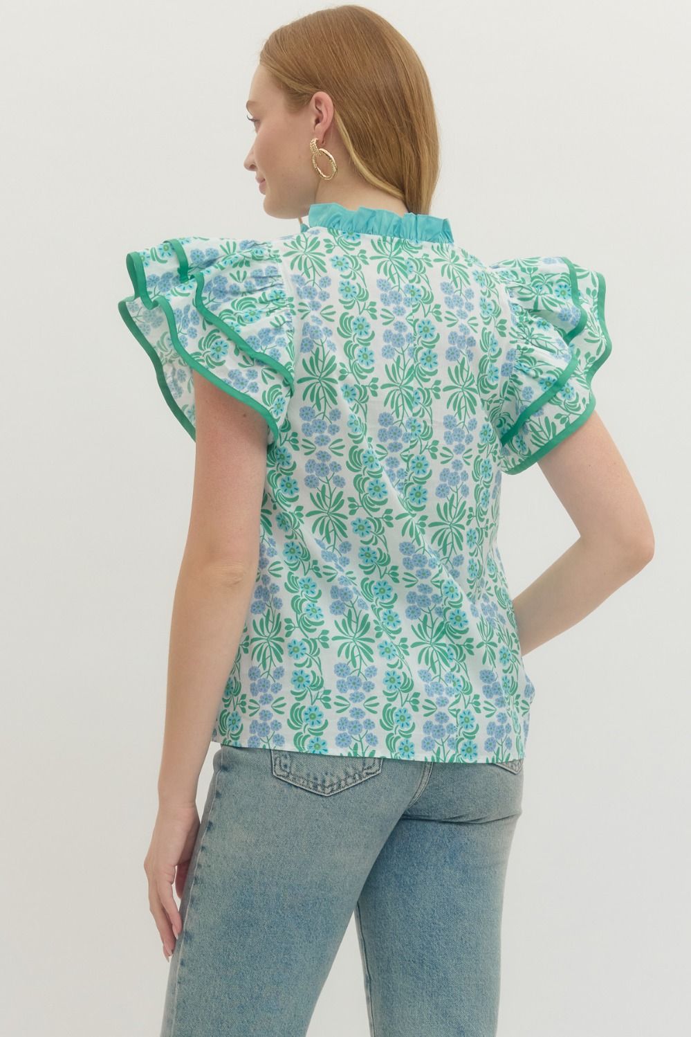 Blue Floral Flutter Sleeve Top