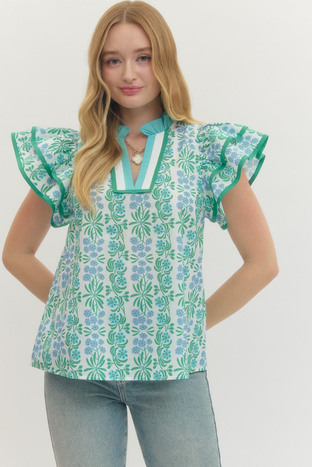 Blue Floral Flutter Sleeve Top