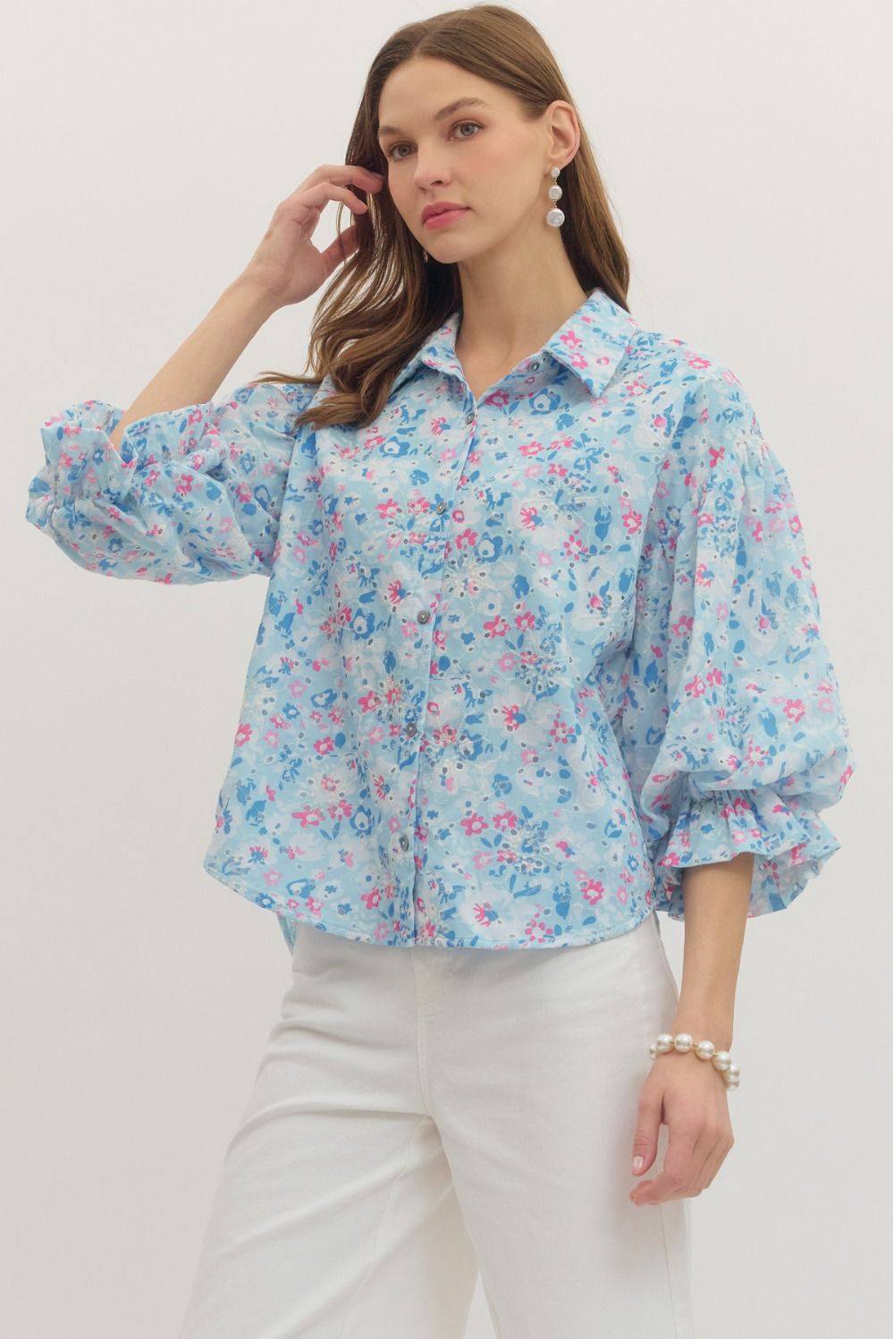 Cutesy Blue Button Down Floral Top