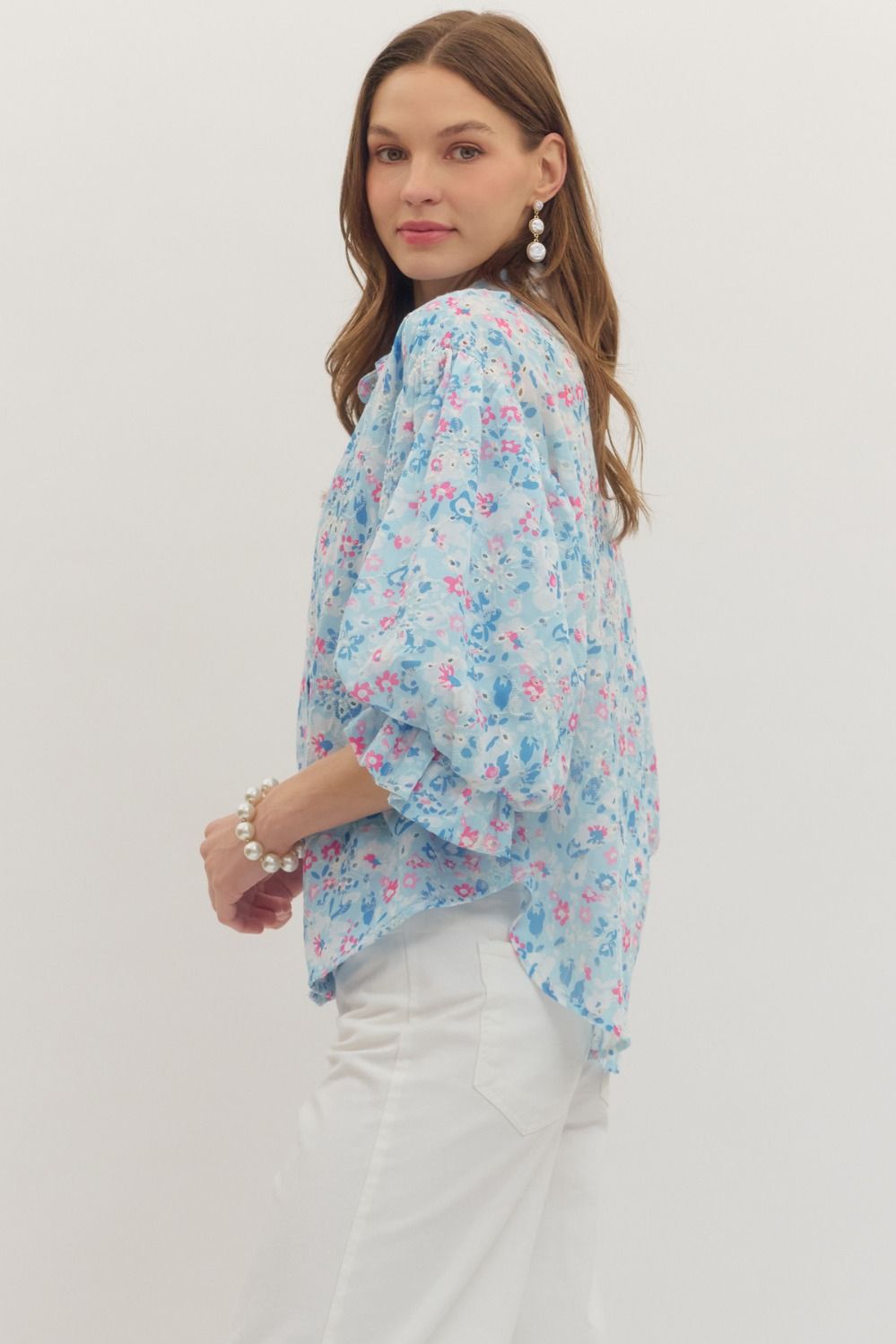 Cutesy Blue Button Down Floral Top