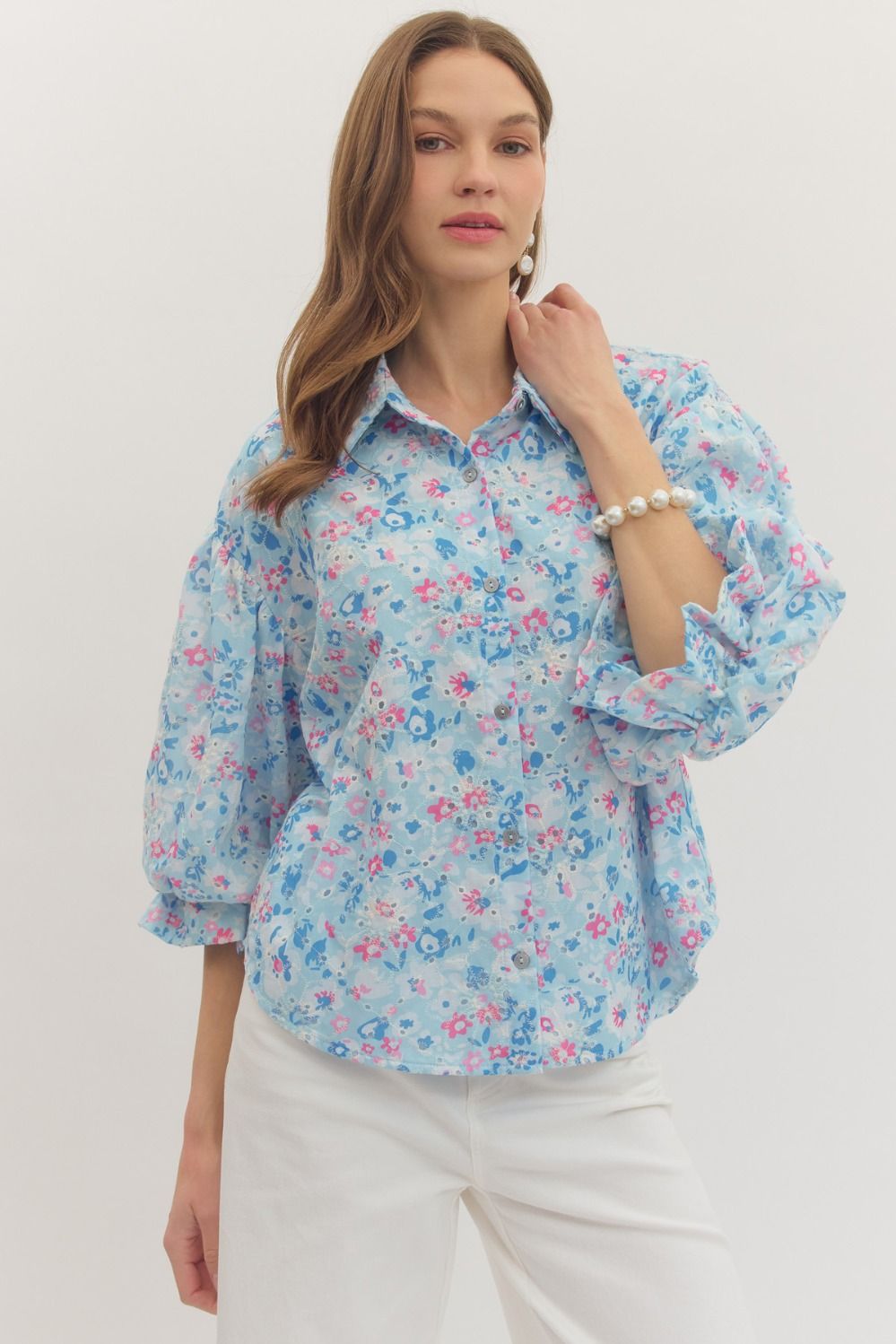Cutesy Blue Button Down Floral Top