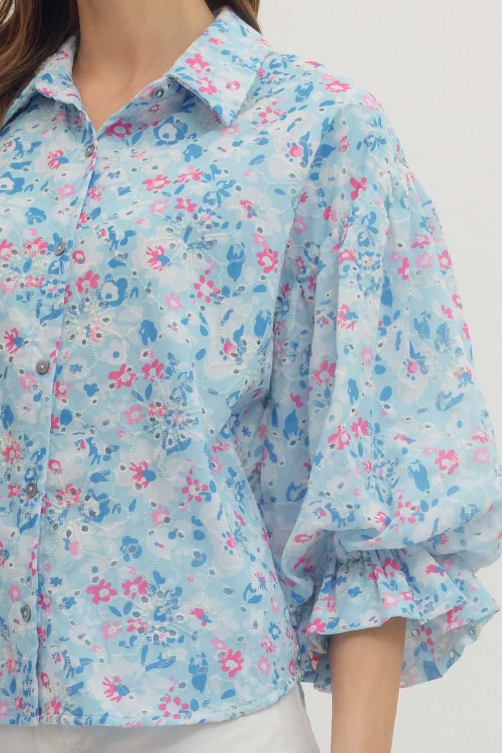 Cutesy Blue Button Down Floral Top