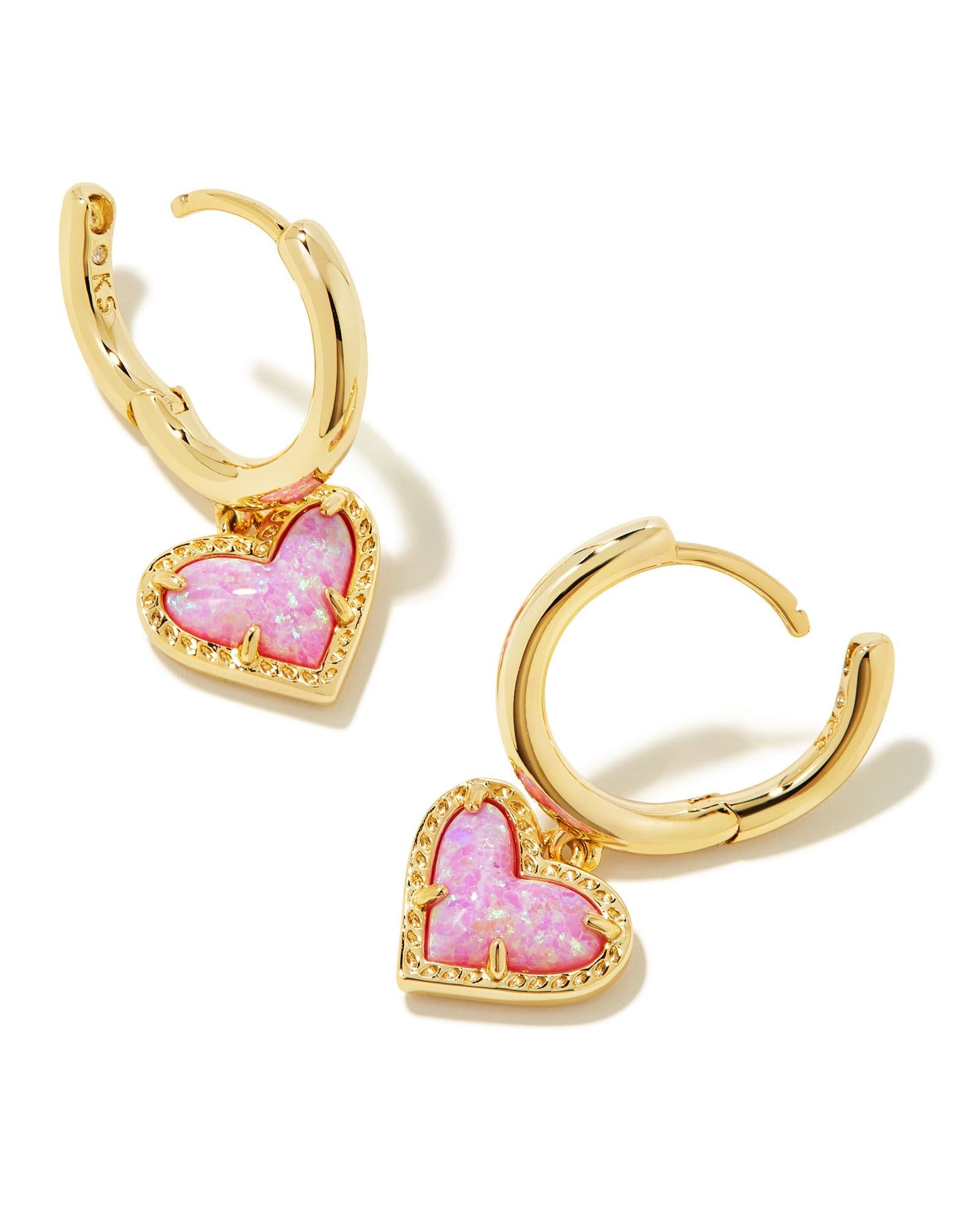 Kendra Scott Ari Heart Huggie Earrings - Gold Bubblegum Pink Kyocera Opal