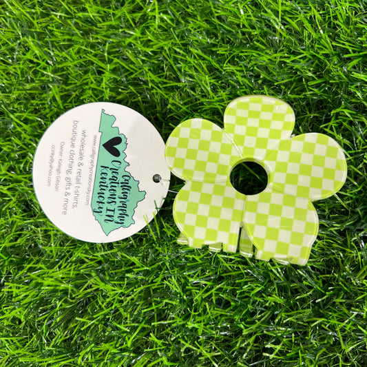 DOORBUSTER - Checkered Green Flower Hair Clip