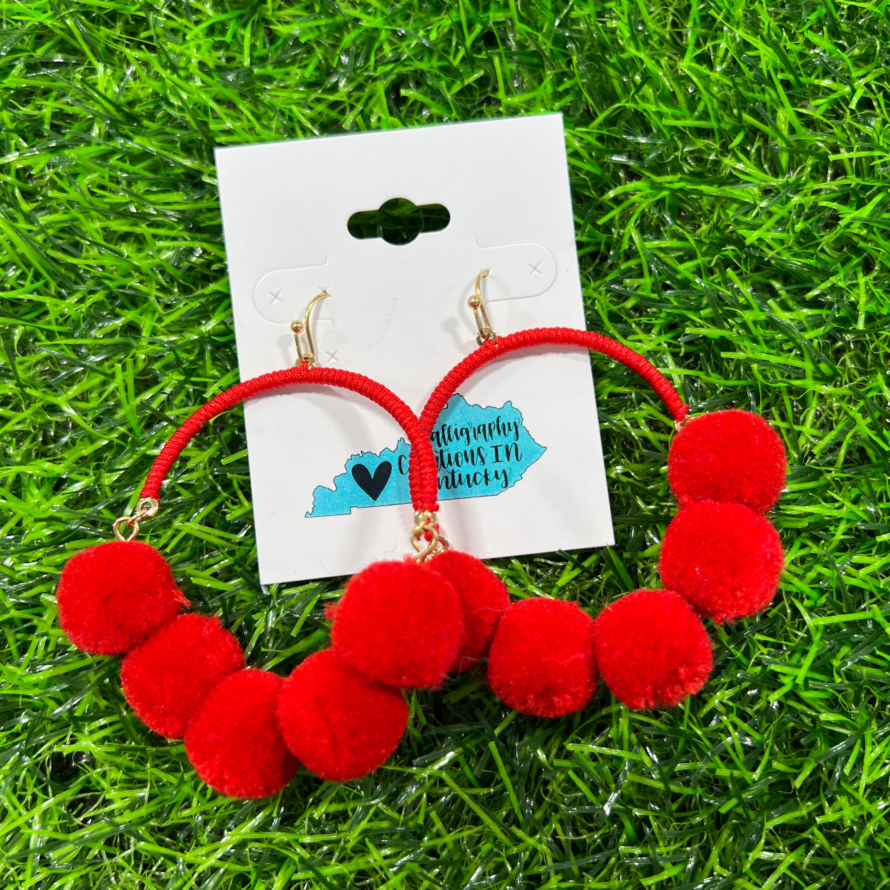 Red pom pom earrings sales
