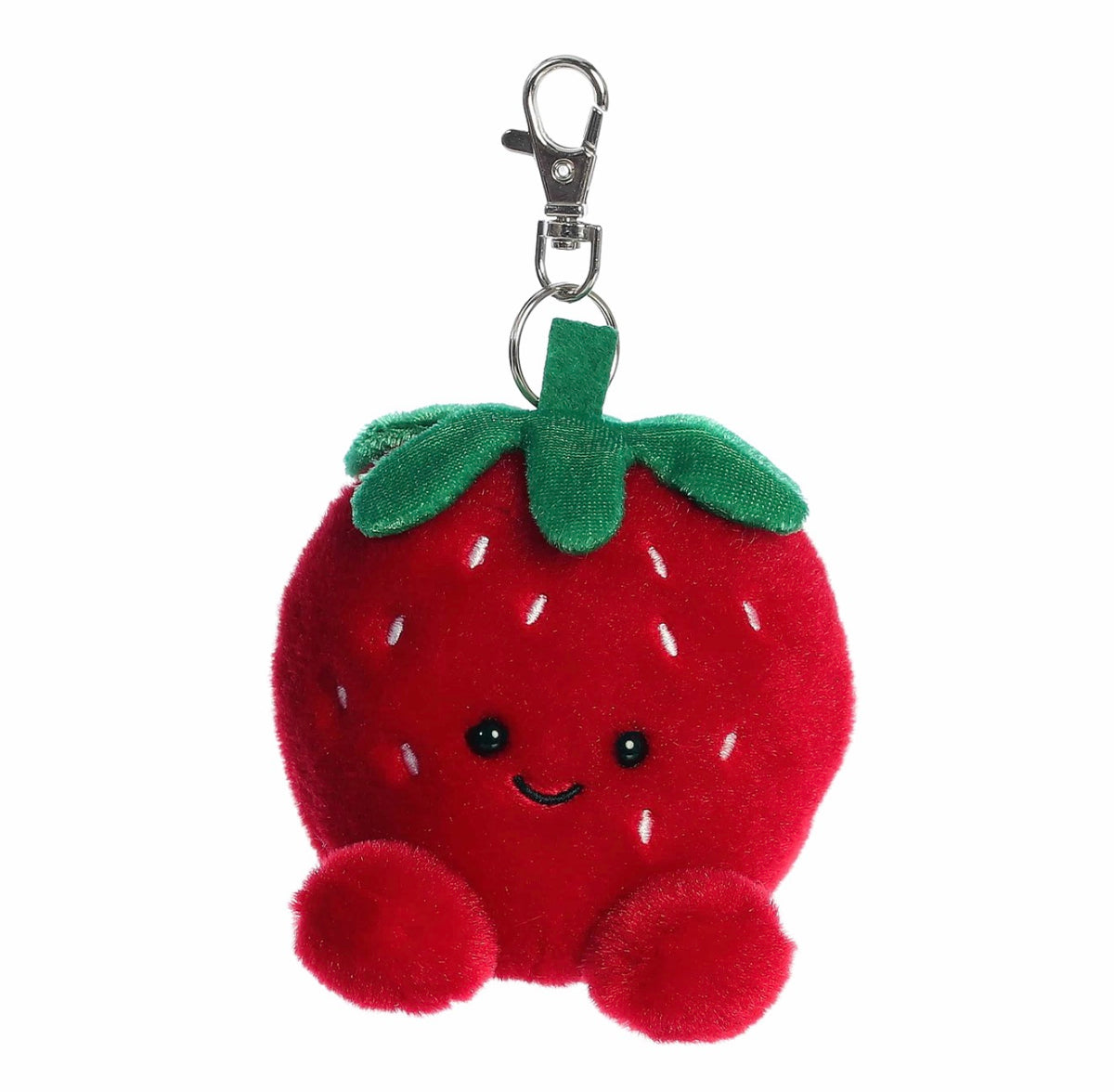 A cute plush strawberry keychain charm with embroidered facial features, a green leafy top, and a silver metal clasp on a plain white background.