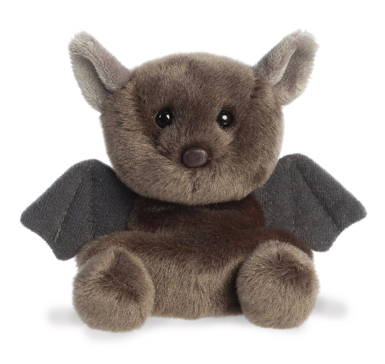A plush toy bat in brown and dark gray, sitting against a plain white background.