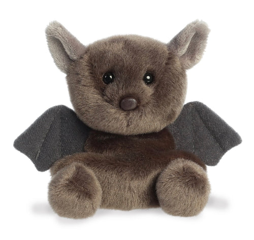 A plush toy bat in brown and dark gray, sitting against a plain white background.