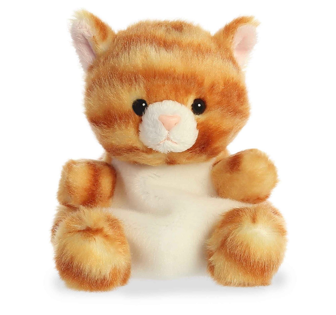 A plush orange tabby cat toy with a white belly, black eyes, and pink nose, photographed against a plain white background.