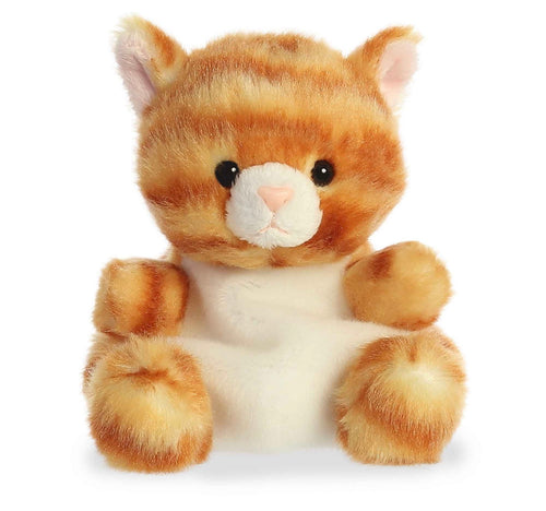A plush orange tabby cat toy with a white belly, black eyes, and pink nose, photographed against a plain white background.