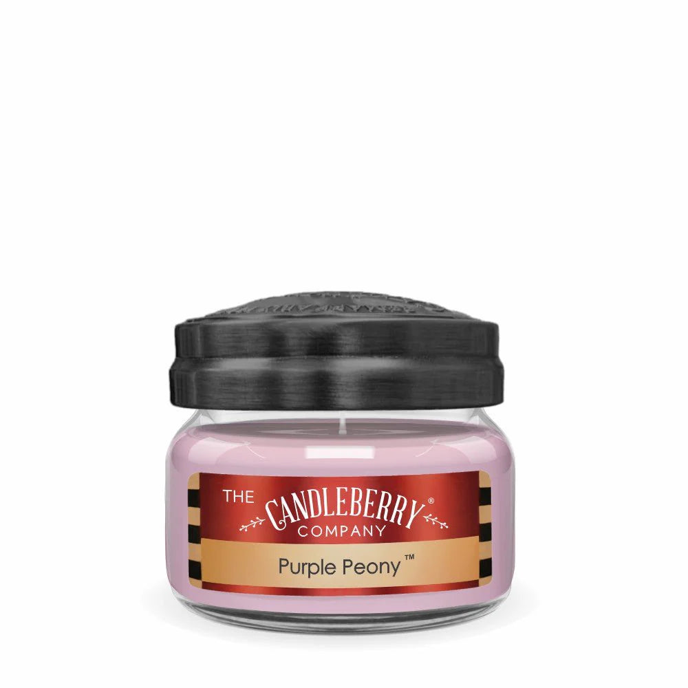 Candle with 'Purple Peony' label and 'The Candleberry Company' branding on a white background