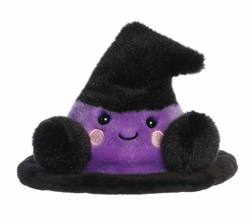 A cute plush toy shaped like a witch's hat, featuring a purple body with a smiling face and pink cheeks, topped with a black fuzzy pointed hat and sitting on a black brim, isolated on a white background.
