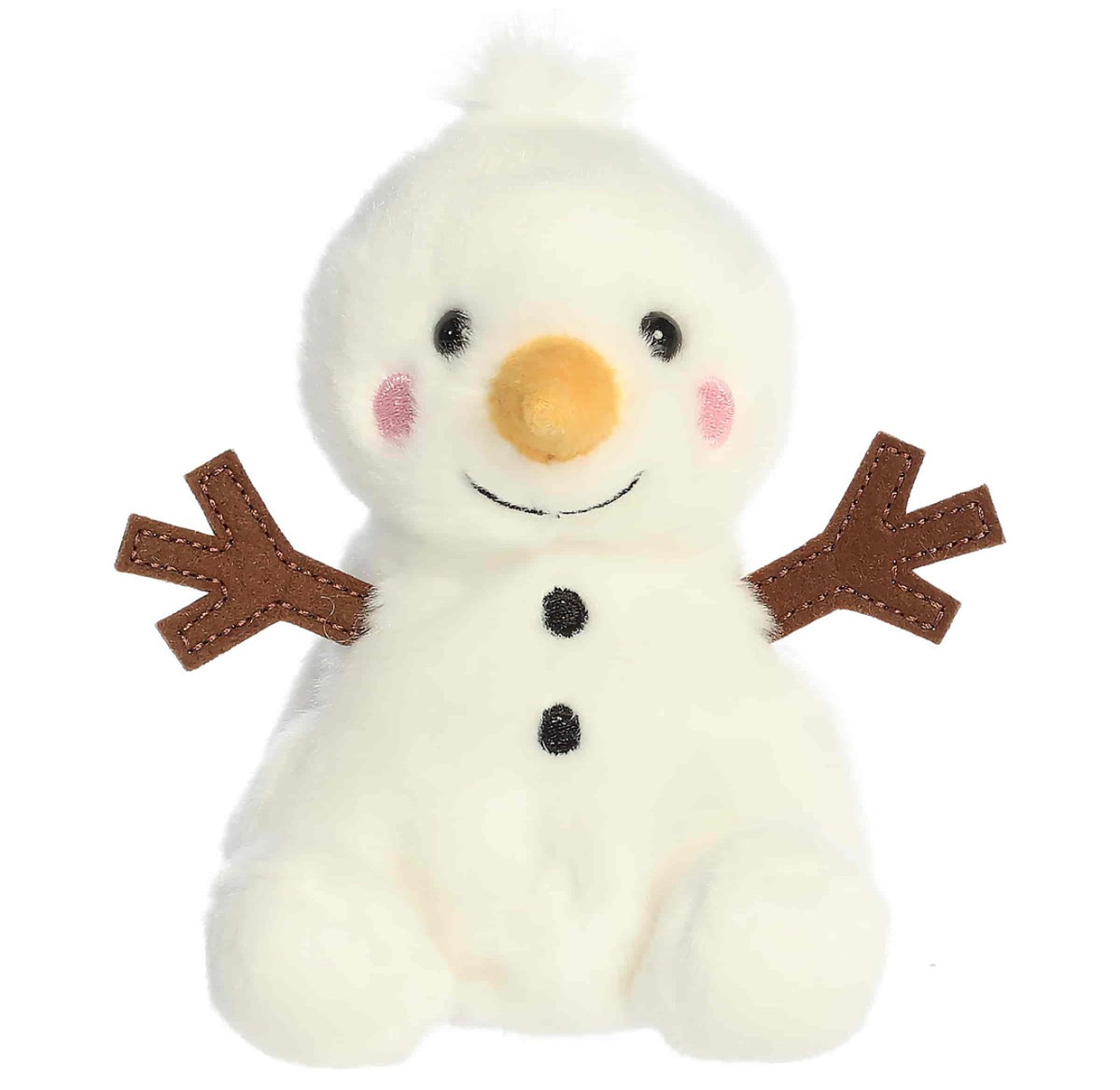 A white plush snowman toy with a yellow carrot nose, black embroidered eyes and smile, pink cheeks, brown felt arms, and black buttons on a plain white background.