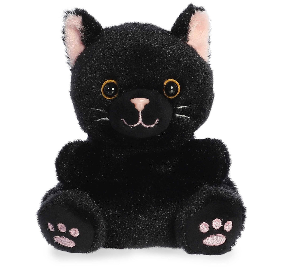 A black plush black cat toy with pink inner ears, a pink nose and mouth, and pink paw pads, sitting against a plain white background.