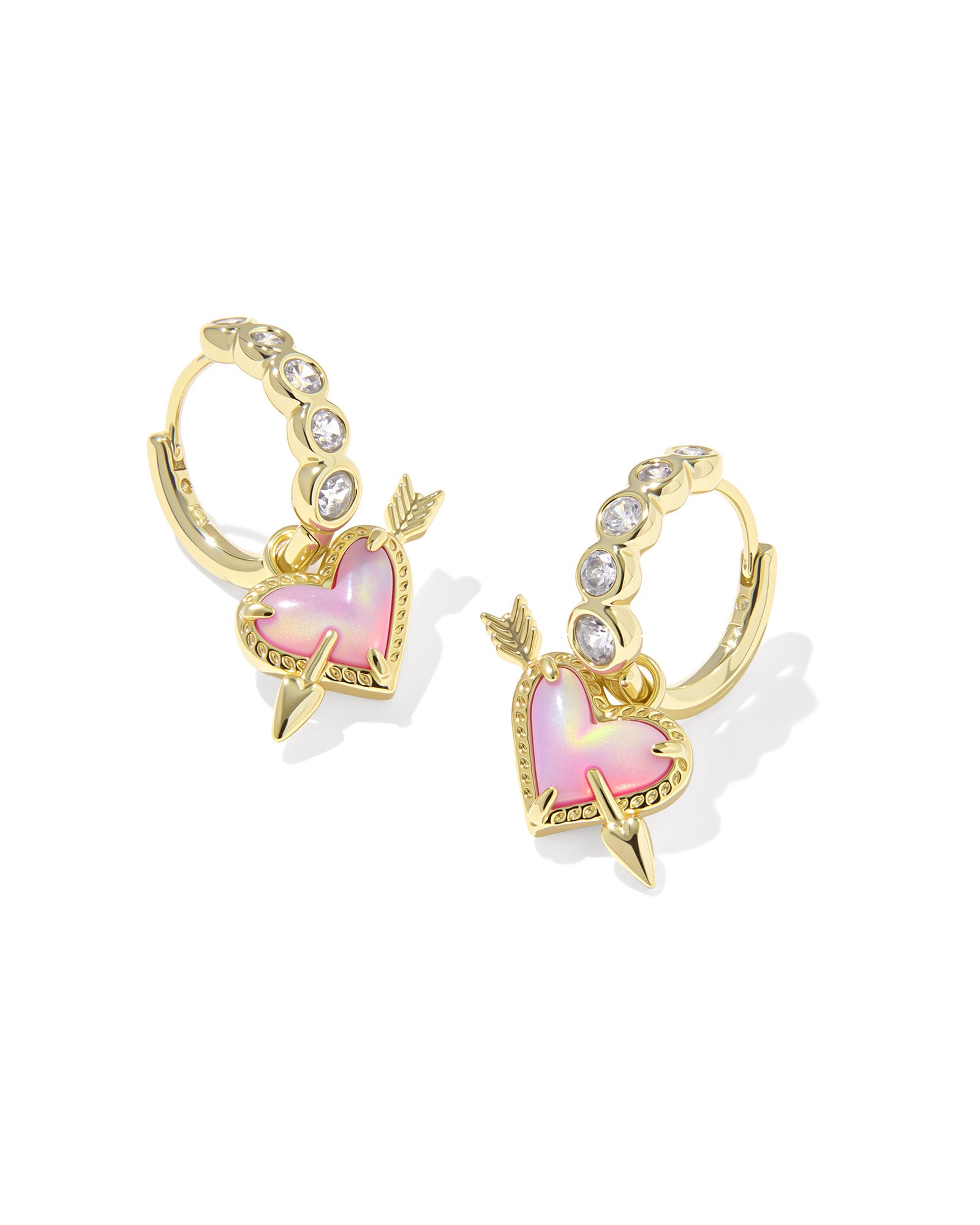 Kendra Scott Ari Heart Arrow Huggie Earrings - Gold Pink Opalescent Resin
