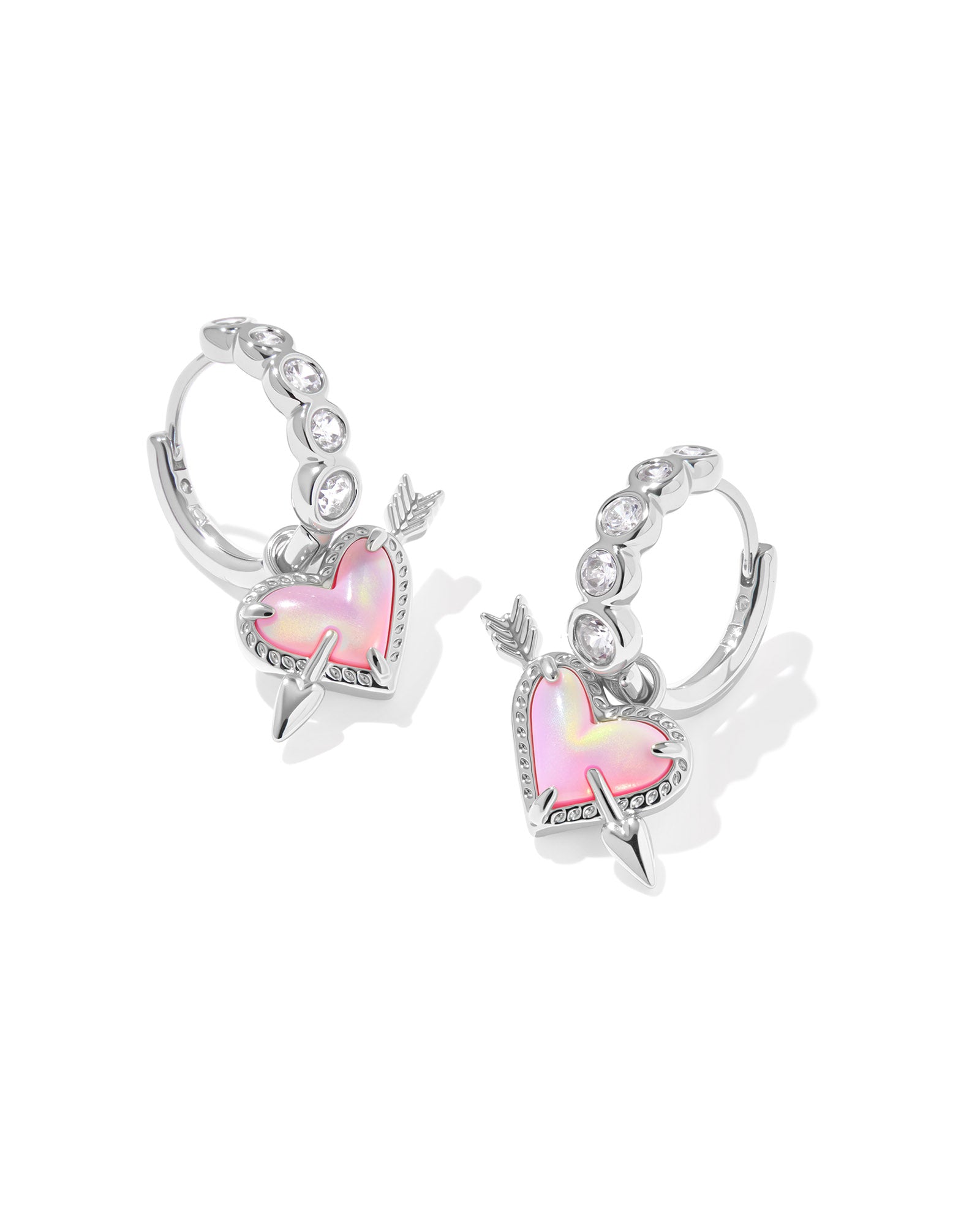 Kendra Scott Ari Heart Arrow Huggie Earrings - Silver Pink Opalescent Resin