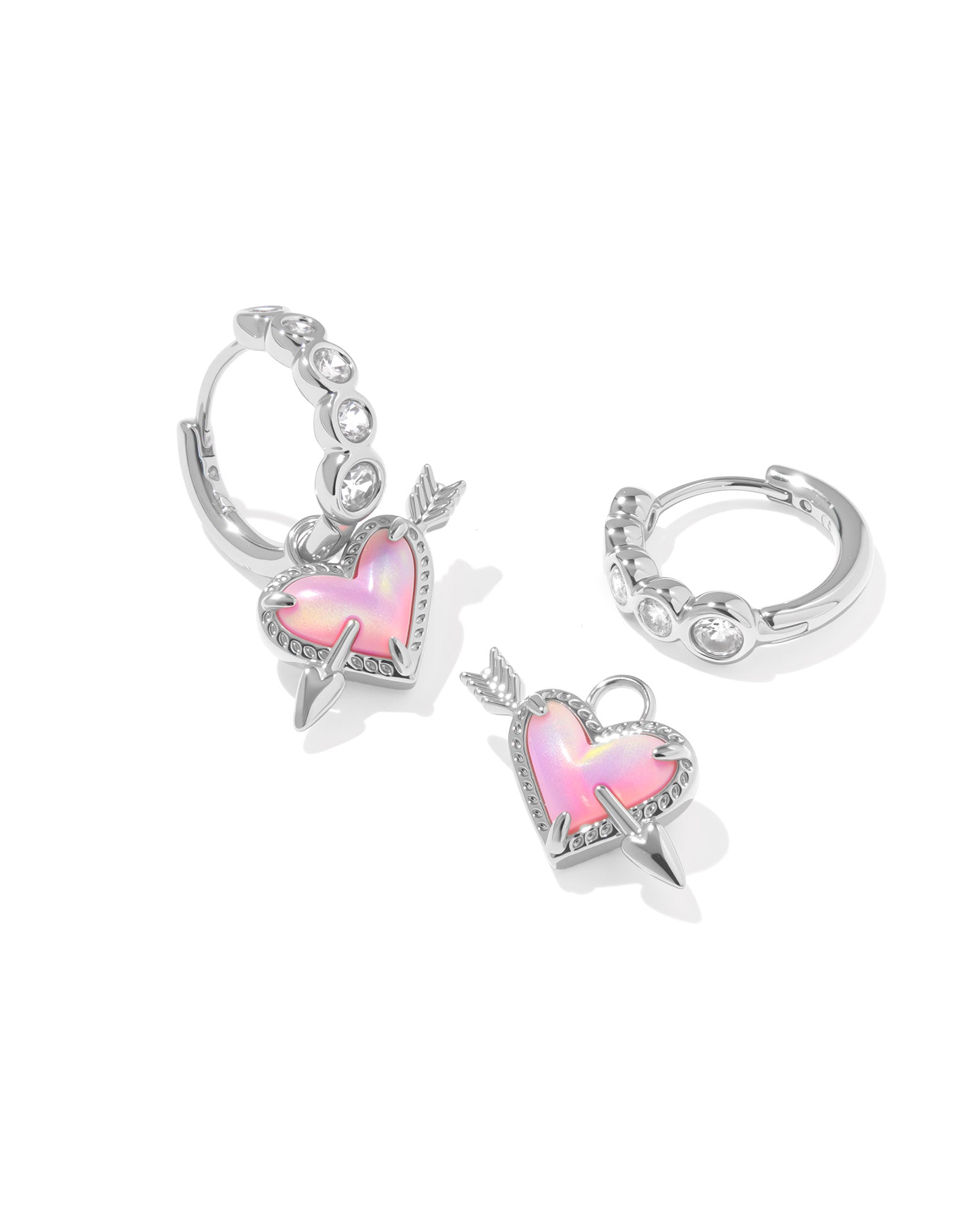 Kendra Scott Ari Heart Arrow Huggie Earrings - Silver Pink Opalescent Resin