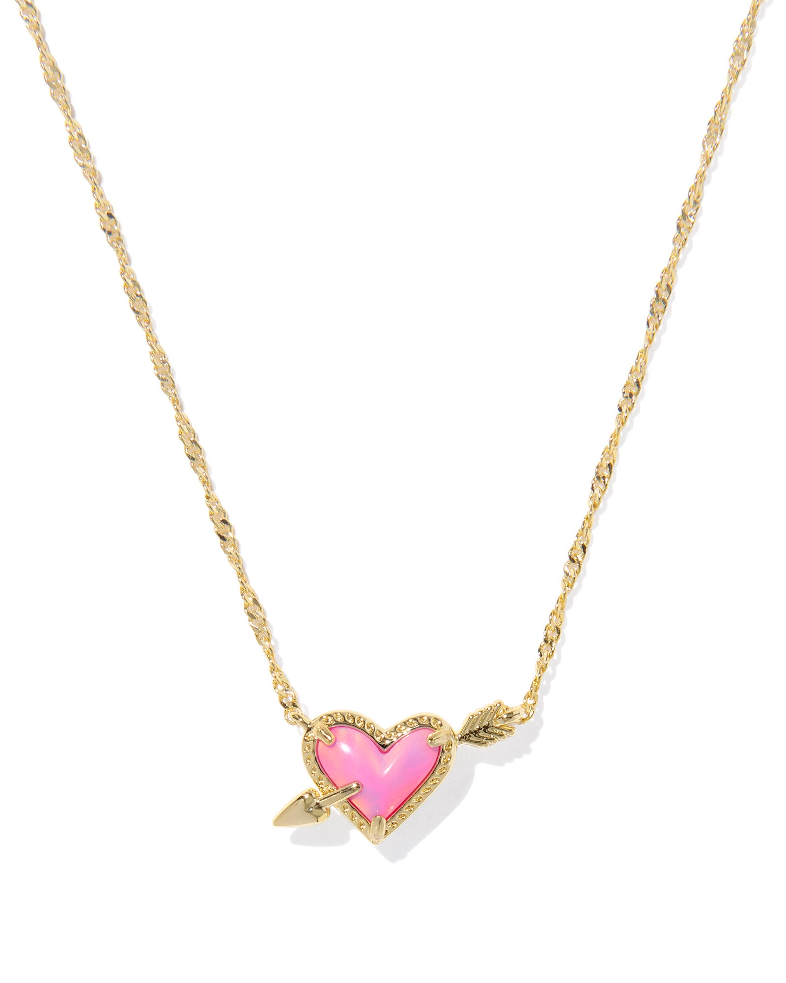 Kendra Scott Ari Heart Arrow Short Pendant Necklace - Gold Pink Opalescent Resin