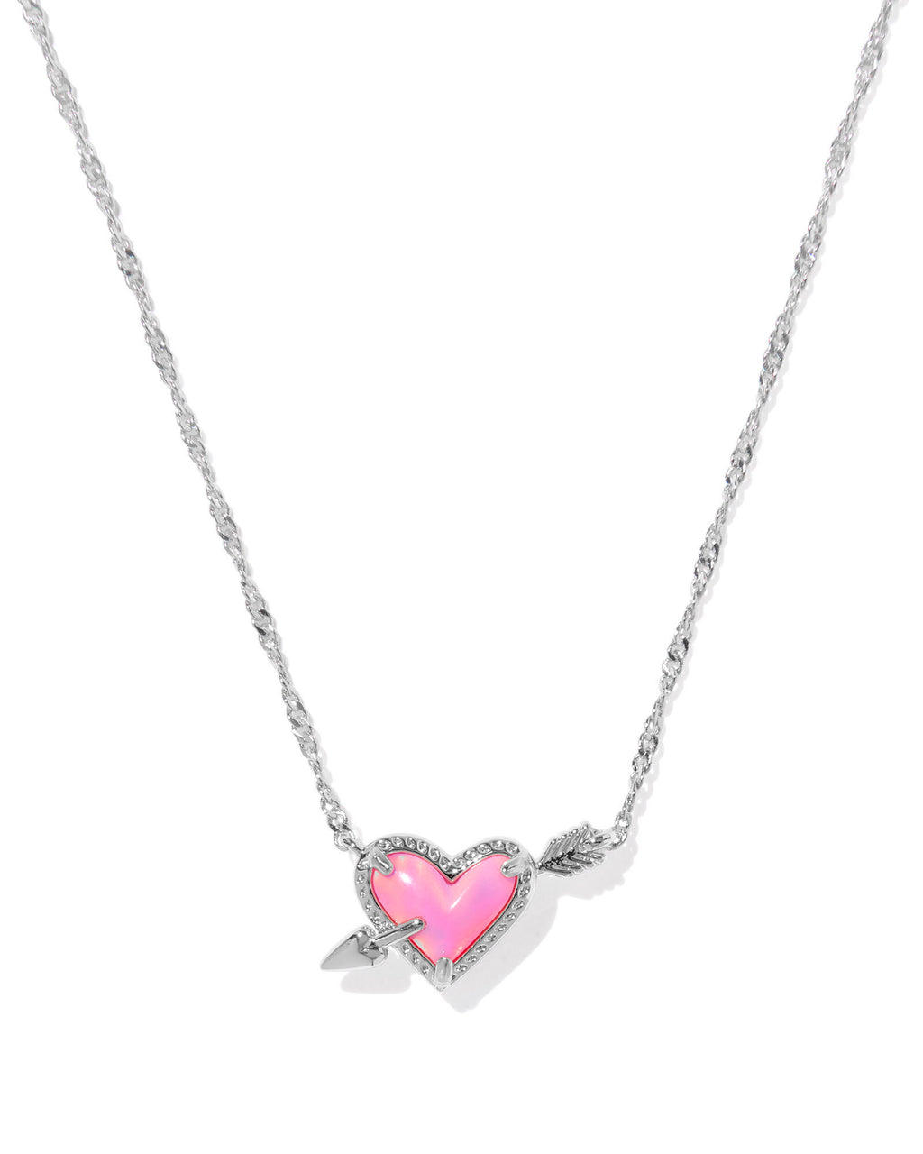 Kendra Scott Ari Heart Arrow Short Pendant Necklace - Silver Pink Opalescent Resin