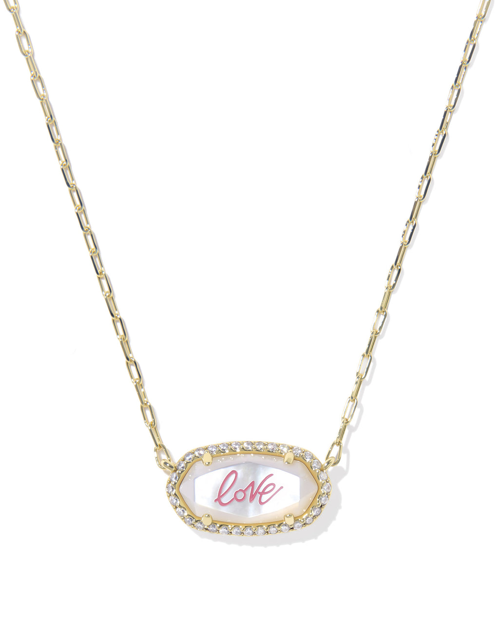 Kendra Scott Elisa Pave Frame Short Pendant Necklace - Gold Ivory Mother Of Pearl Love Script