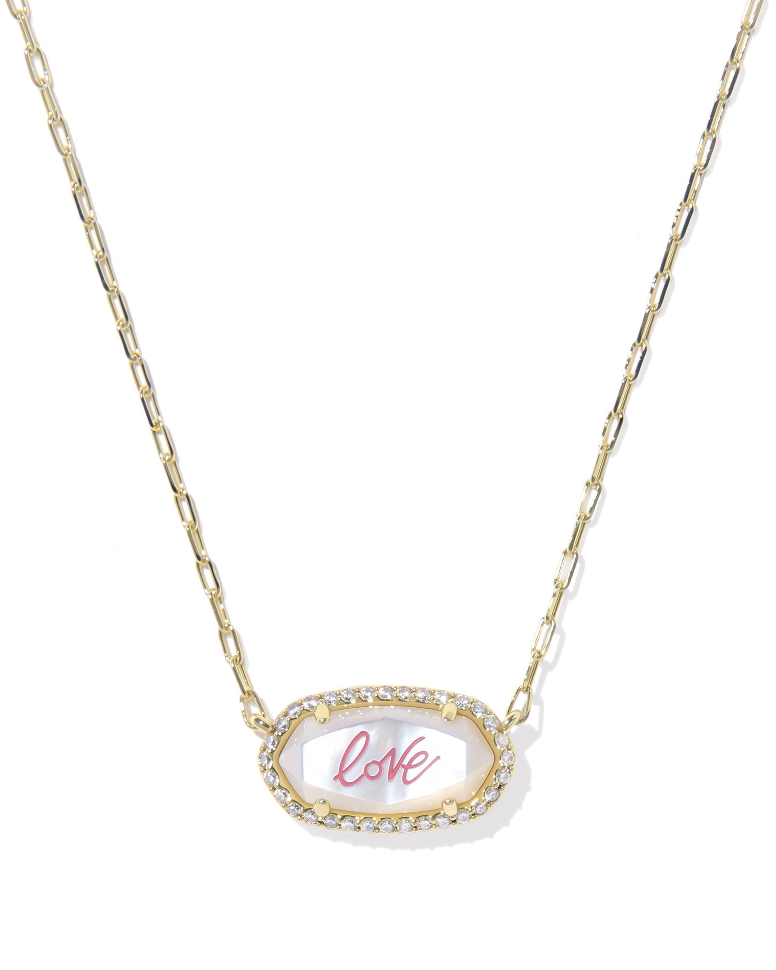Kendra Scott Elisa Pave Frame Short Pendant Necklace - Gold Ivory Mother Of Pearl Love Script
