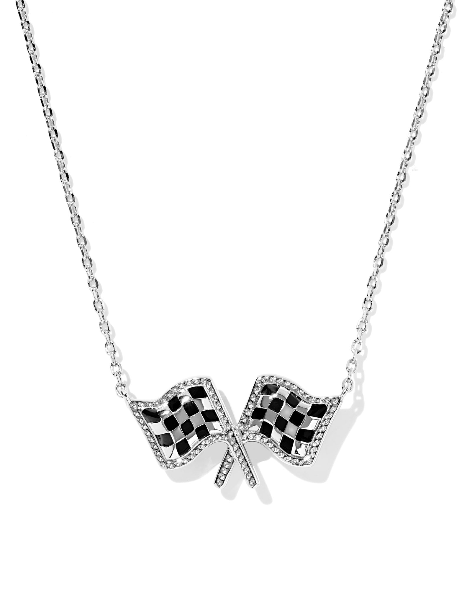 Kendra Scott Softball Checkered Flag Short Pendant Necklace - Silver White Mother Of Pearl
