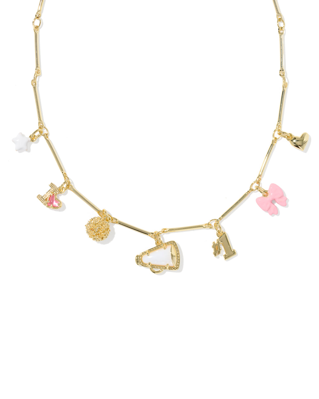Gold necklace with various charms on a white background