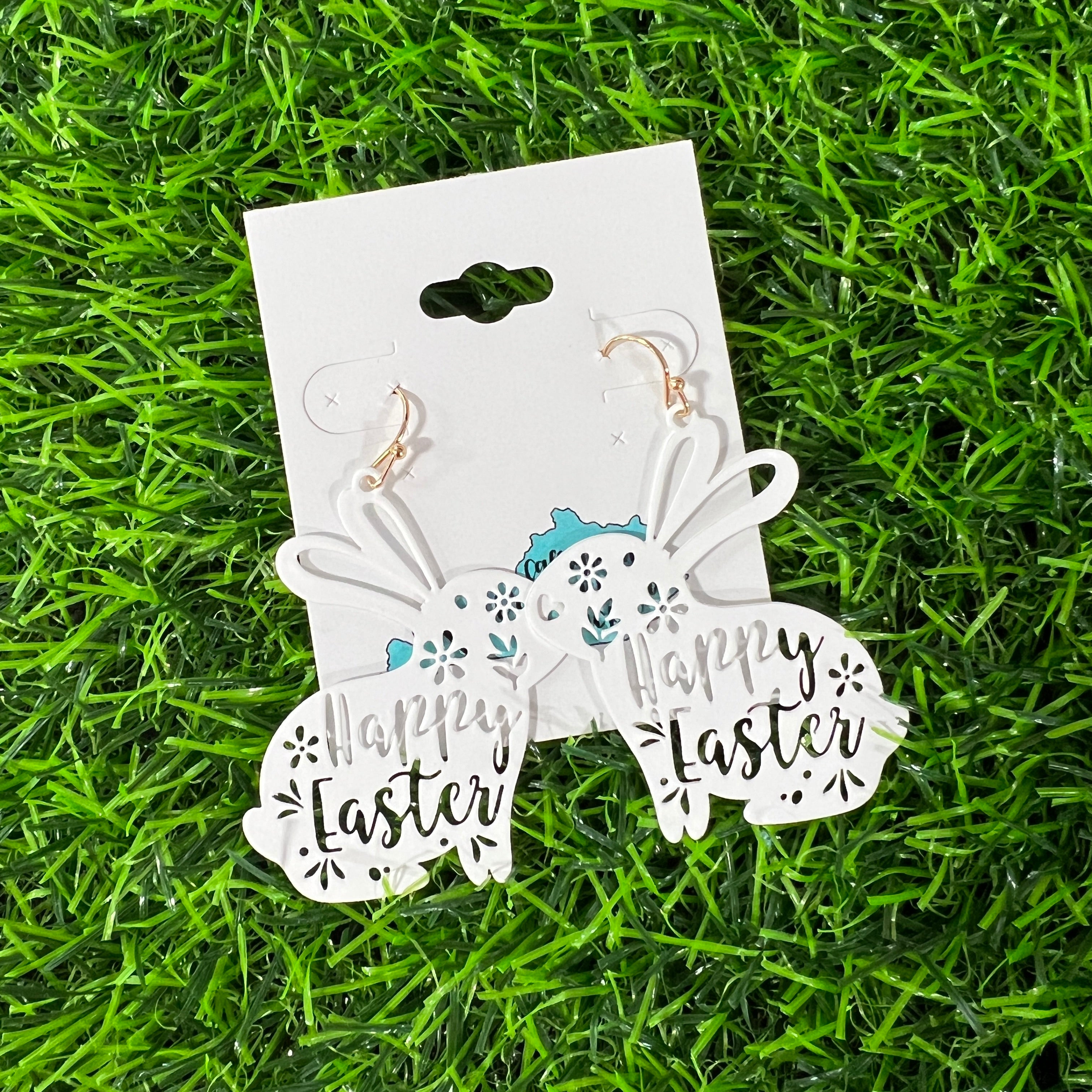 White Happy Easter Bunny Filigree Earrings