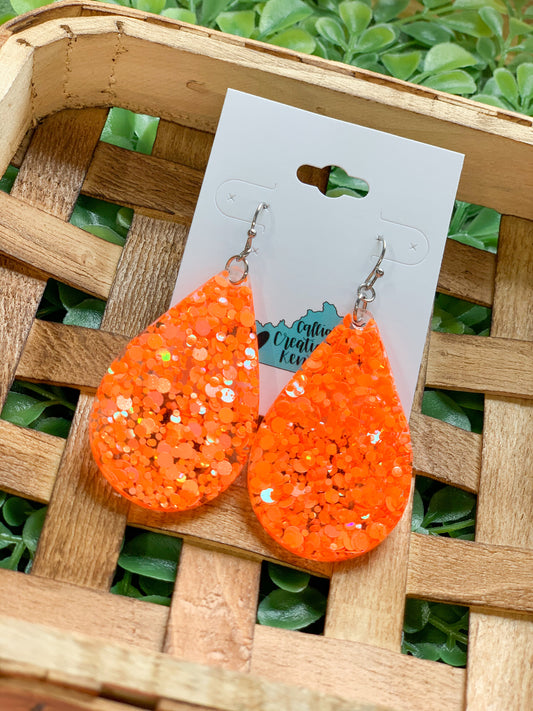 Neon Orange Glitter Dangle Earrings