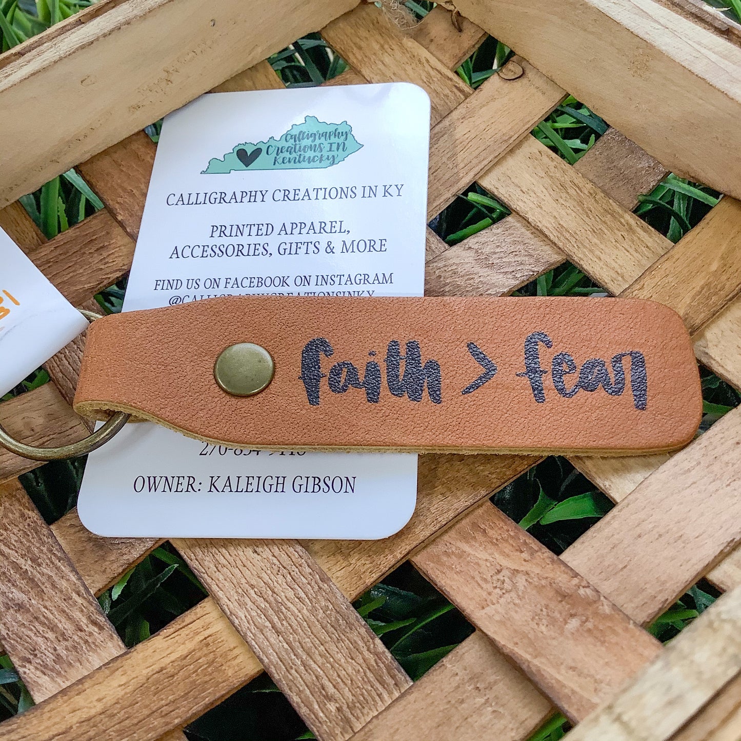 Faith > Fear Leather Keychain