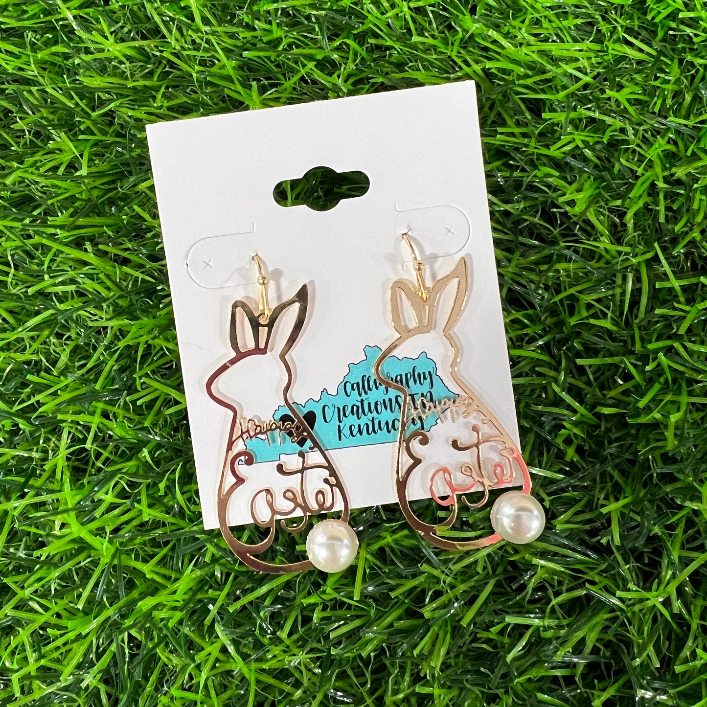 Gold Happy Easter Bunny Pearl Earrings
