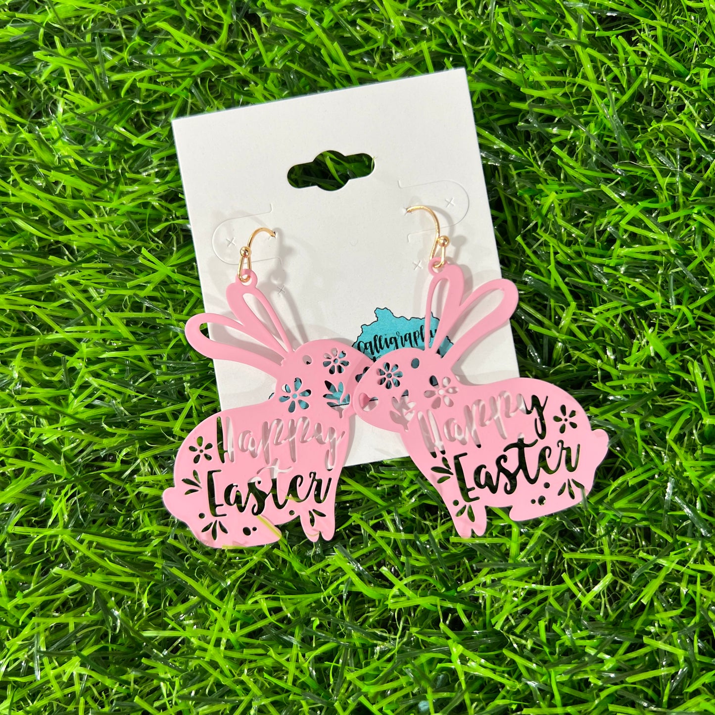 Pink Happy Easter Bunny Filigree Earrings