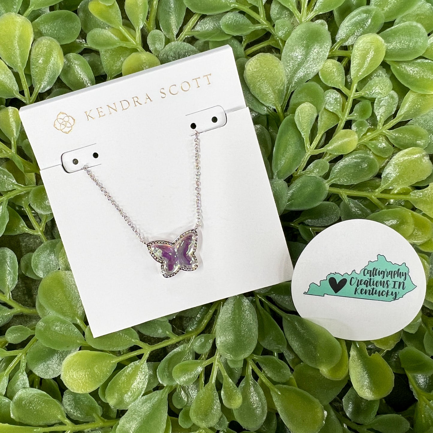 Kendra Scott Lillia Butterfly Necklace Rhodium Dichroic Glass Calligraphy Creations In KY